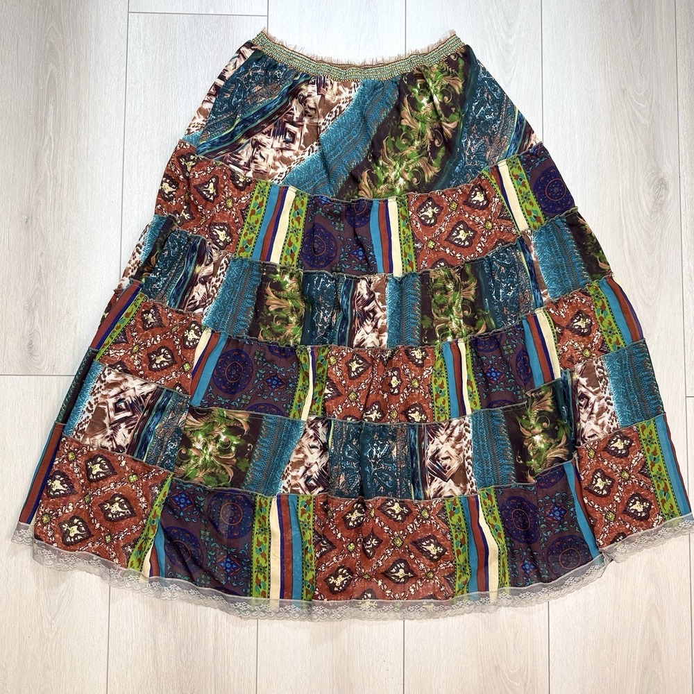 The Pyramid Collection Skirt Womens 1X Patchwork Boho Lace Maxi Tiered India‎